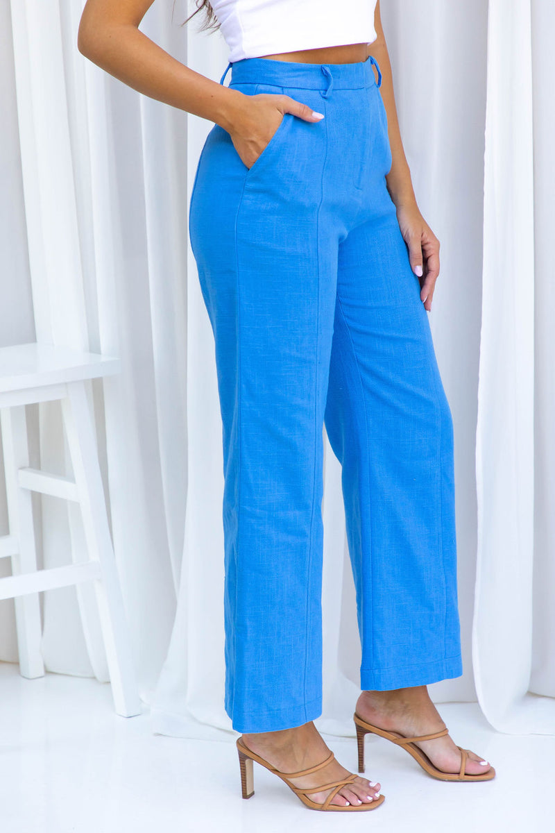 Camille Tailored Linen Pant - Blue - The Self Styler