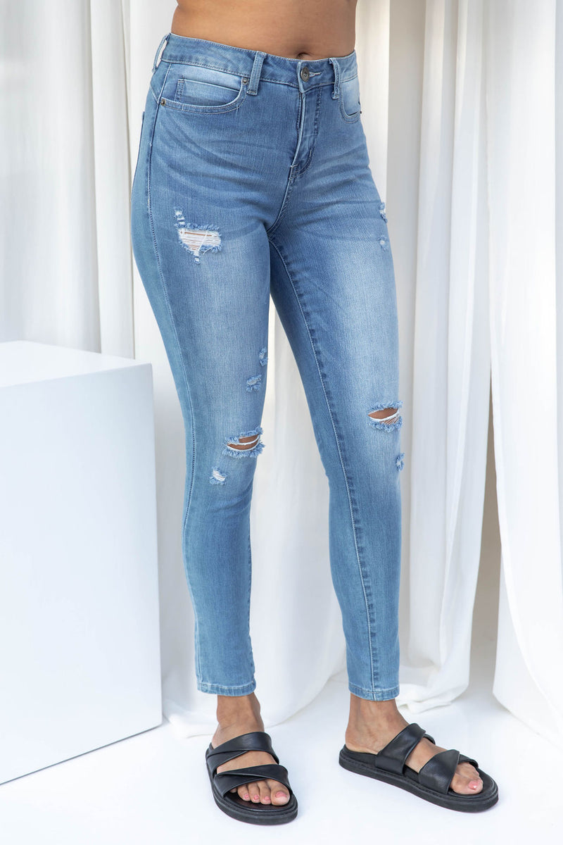 Kylie Distressed Denim High-Rise Skinny Leg Jeans - Light Wash - The Self Styler