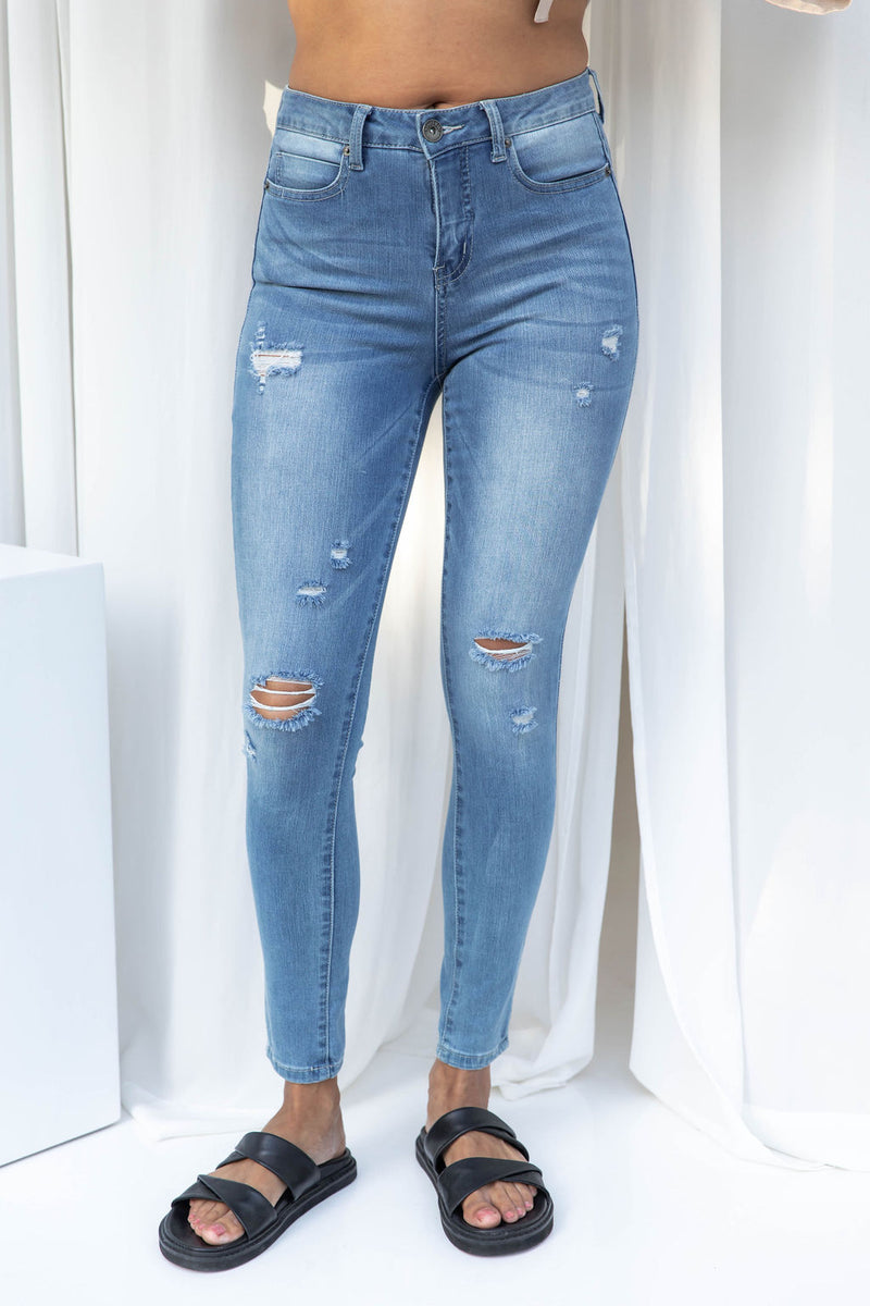 Kylie Distressed Denim High-Rise Skinny Leg Jeans - Light Wash - The Self Styler