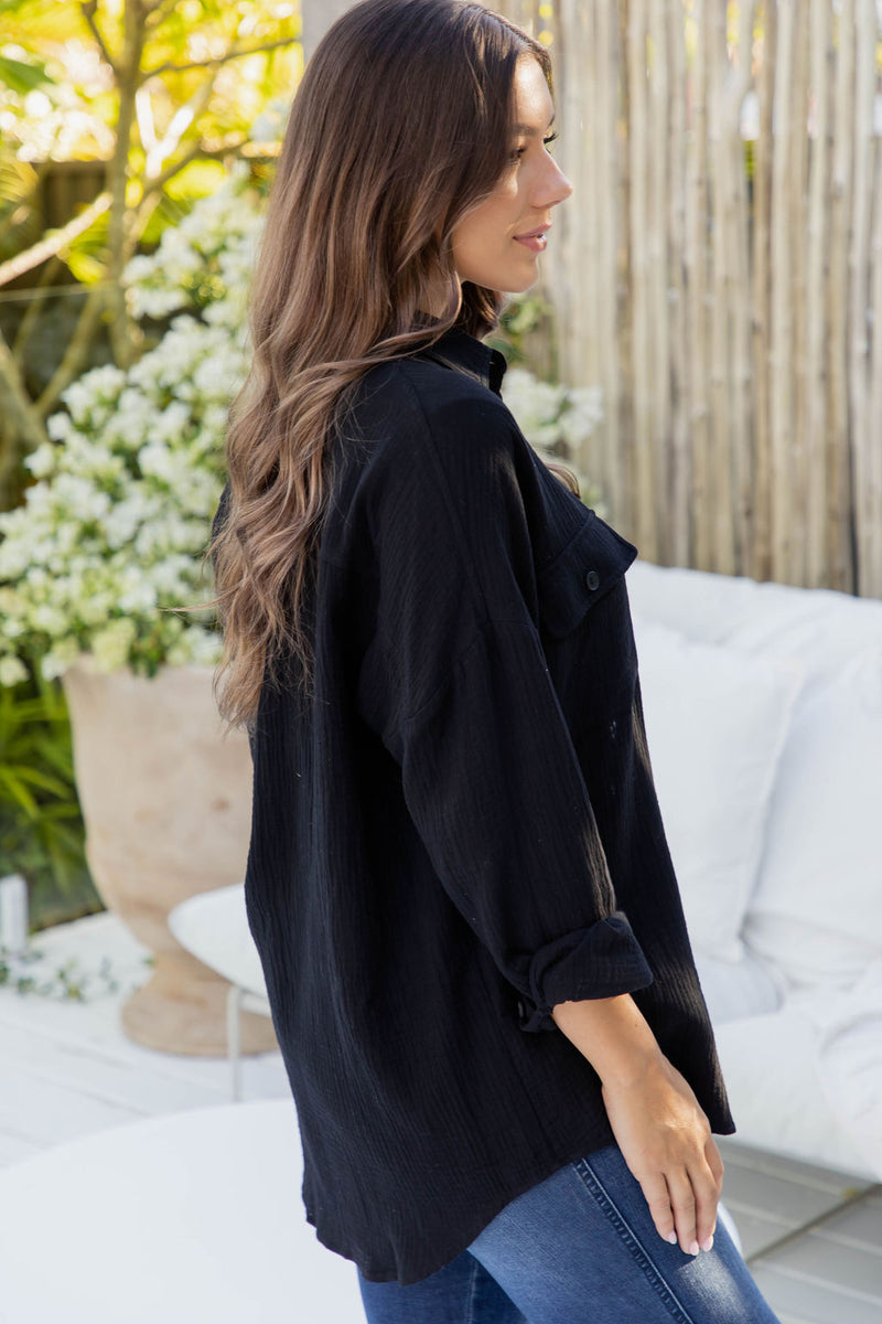Vacay Relaxed-Fit Cotton Shirt - Black - The Self Styler
