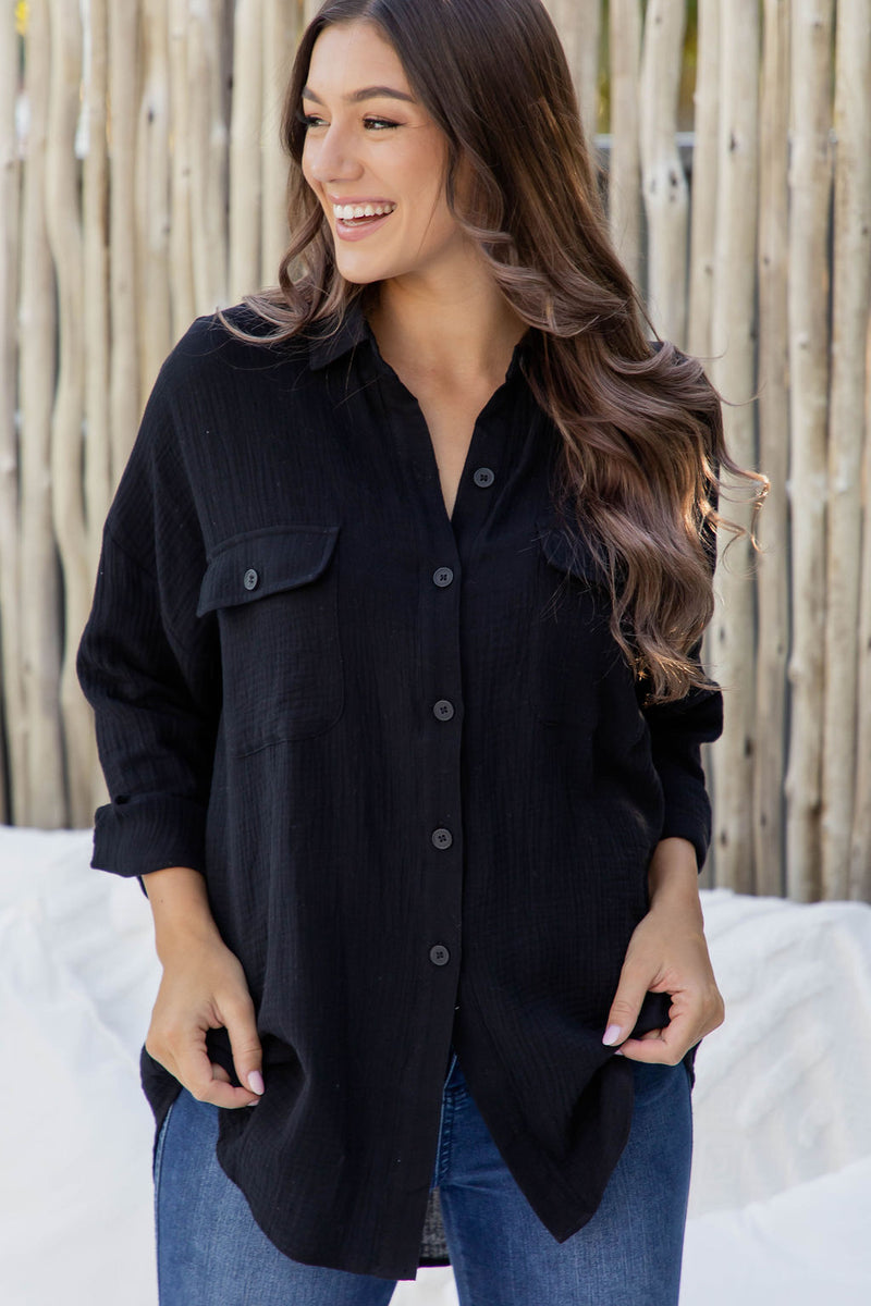 Vacay Relaxed-Fit Cotton Shirt - Black - The Self Styler
