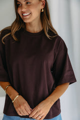 Koah boxy-fit tee in espresso brown, oversized short sleeve t-shirt styled with light wash denim shorts