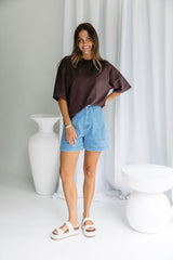 Koah boxy-fit tee in espresso brown, oversized short sleeve t-shirt styled with light wash denim shorts