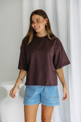 Koah boxy-fit tee in espresso brown, oversized short sleeve t-shirt styled with light wash denim shorts