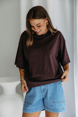 Koah boxy-fit tee in espresso brown, oversized short sleeve t-shirt styled with light wash denim shorts