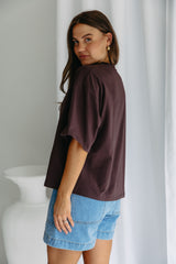 Koah boxy-fit tee in espresso brown, oversized short sleeve t-shirt styled with light wash denim shorts