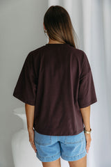 Koah boxy-fit tee in espresso brown, oversized short sleeve t-shirt styled with light wash denim shorts