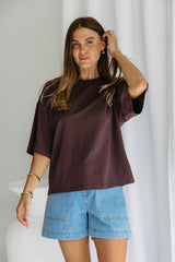 Koah boxy-fit tee in espresso brown, oversized short sleeve t-shirt styled with light wash denim shorts