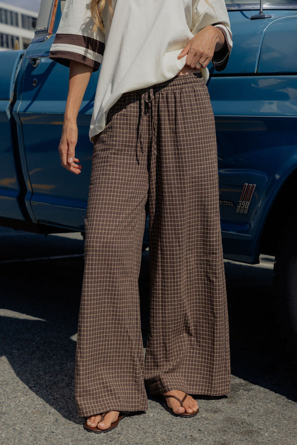 Landon Wide-Leg Cotton Pants - Chocolate Check