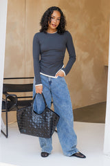 Maya Ruched Long Sleeve Top - Charcoal and Ivory