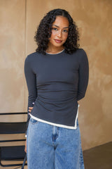 Maya Ruched Long Sleeve Top - Charcoal and Ivory