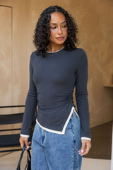 Maya Ruched Long Sleeve Top - Charcoal and Ivory