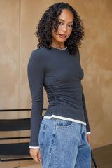 Maya Ruched Long Sleeve Top - Charcoal and Ivory