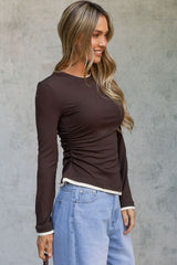 Maya Ruched Long Sleeve Top - Chocolate and Ivory