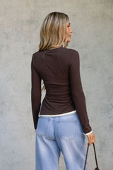 Maya Ruched Long Sleeve Top - Chocolate and Ivory