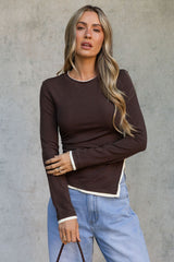 Maya Ruched Long Sleeve Top - Chocolate and Ivory