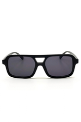 Black square aviator-style sunglasses with dark gray lenses and a small geometric cutout detail at the bridge, shown against a plain white background.
