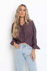 Arlo Cropped Tuck Check Shirt - Burgundy