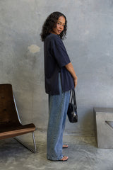 Quinn Relaxed-Fit Side Split Tee - Navy