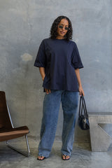 Quinn Relaxed-Fit Side Split Tee - Navy