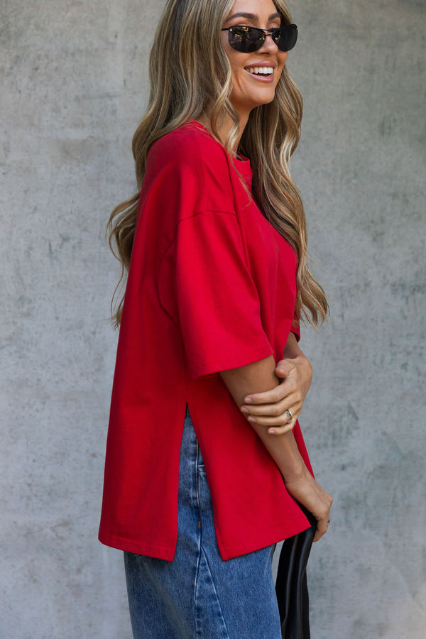 Quinn Relaxed-Fit Side Split Tee - Red