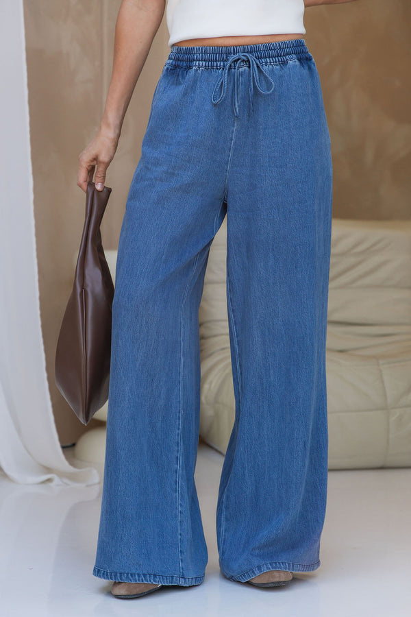 Raya Wide-Leg Lyocell Denim Pants - Mid Wash