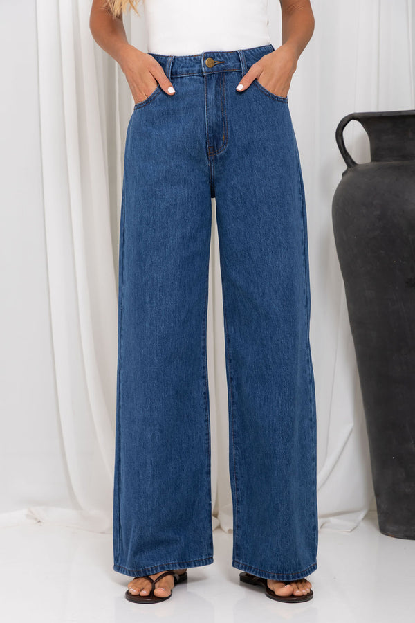 River Wide-Leg Denim Jeans - Mid Wash Blue
