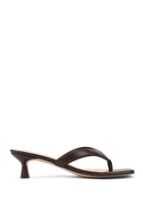A single dark brown leather thong sandal with a low kitten heel, shown in a side profile on a clean white background.