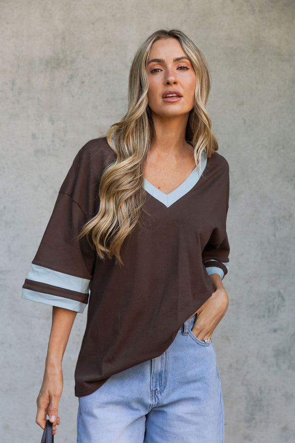 Stevie Relaxed-Fit V-Neck Tee - Blue and Chocolate