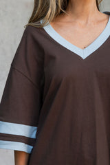 Stevie Relaxed-Fit V-Neck Tee - Blue and Chocolate