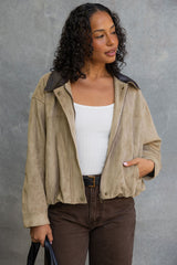 Suki Suede Look Bomber Jacket - Light Khaki