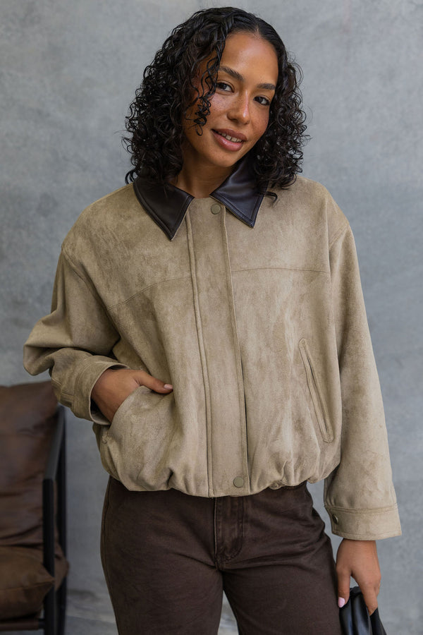Suki Suede Look Bomber Jacket - Light Khaki