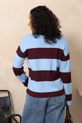 Taylor Rugby Stripe Polo Knit - Blue and Plum