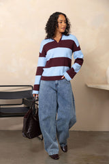 Taylor Rugby Stripe Polo Knit - Blue and Plum