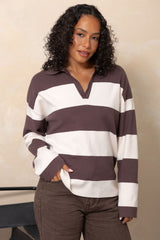 Taylor Rugby Stripe Polo Knit - Chocolate and Cream