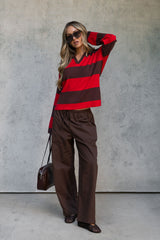 Taylor Rugby Stripe Polo Knit - Chocolate and Red