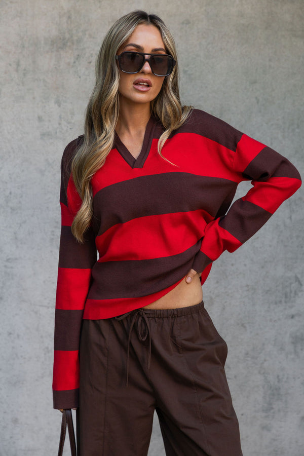 Taylor Rugby Stripe Polo Knit - Chocolate and Red