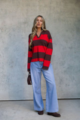 Taylor Rugby Stripe Polo Knit - Chocolate and Red