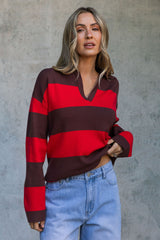Taylor Rugby Stripe Polo Knit - Chocolate and Red