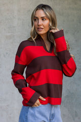 Taylor Rugby Stripe Polo Knit - Chocolate and Red