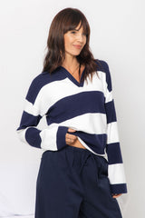 Taylor Rugby Stripe Polo Knit - Navy and Cream