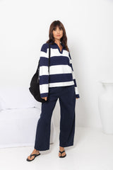 Taylor Rugby Stripe Polo Knit - Navy and Cream