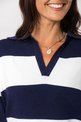 Taylor Rugby Stripe Polo Knit - Navy and Cream