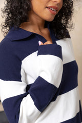 Taylor Rugby Stripe Polo Knit - Navy and Cream