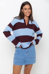 Taylor Rugby Stripe Polo Knit - Blue and Plum