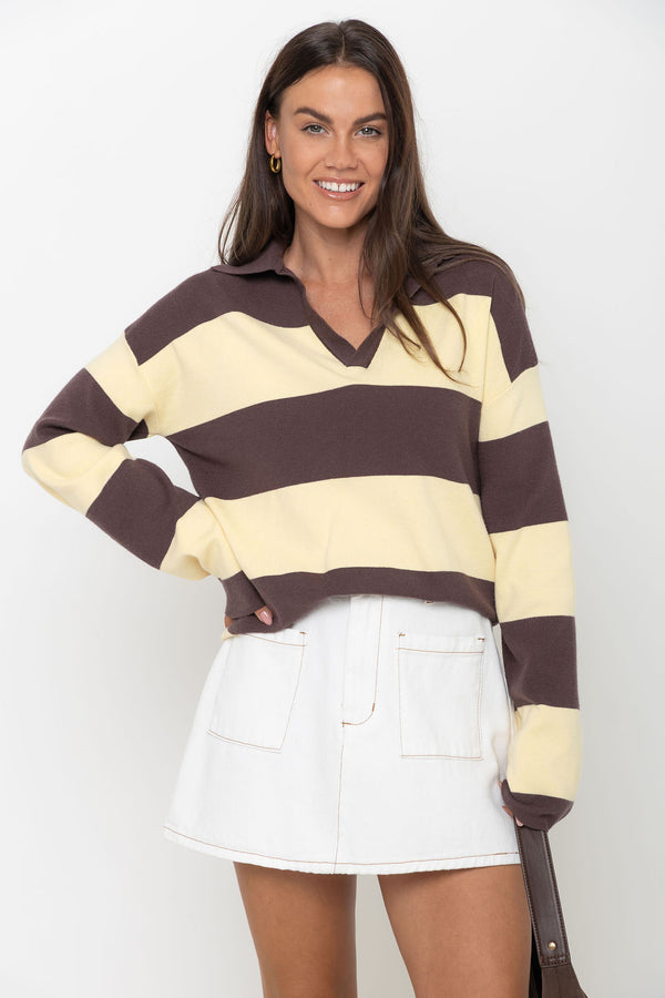 Taylor Rugby Stripe Polo Knit - Yellow & Chocolate