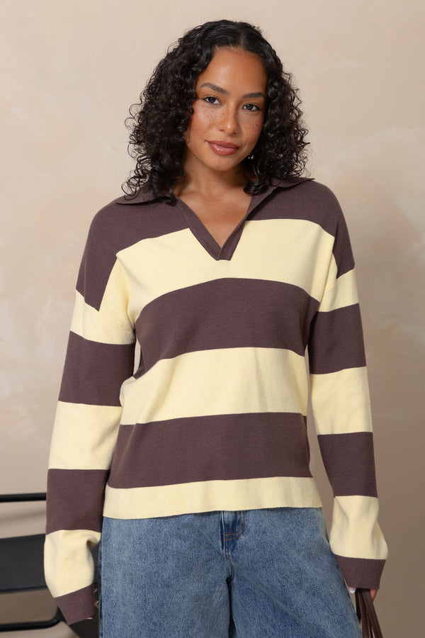 Taylor Rugby Stripe Polo Knit - Yellow & Chocolate