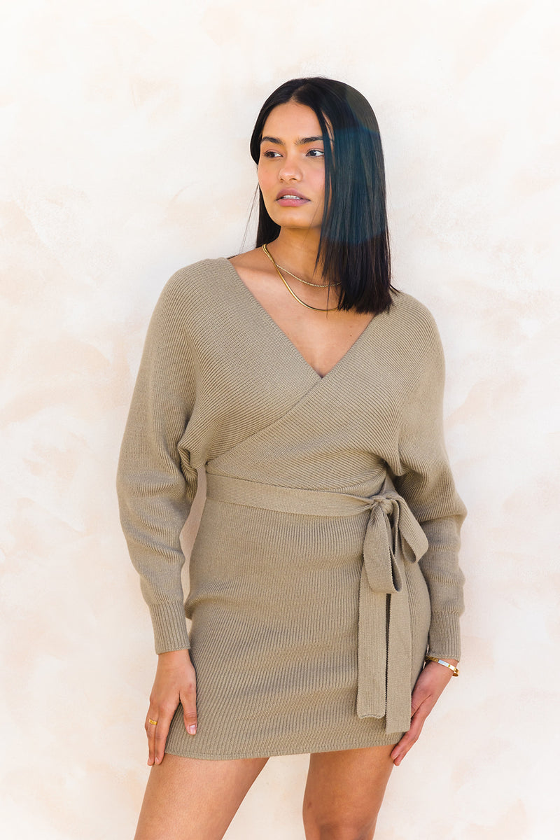 Clea Knit Mini Dress - Olive Green - The Self Styler