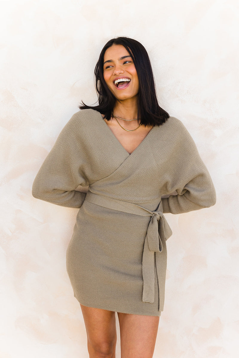 Clea Knit Mini Dress - Olive Green - The Self Styler