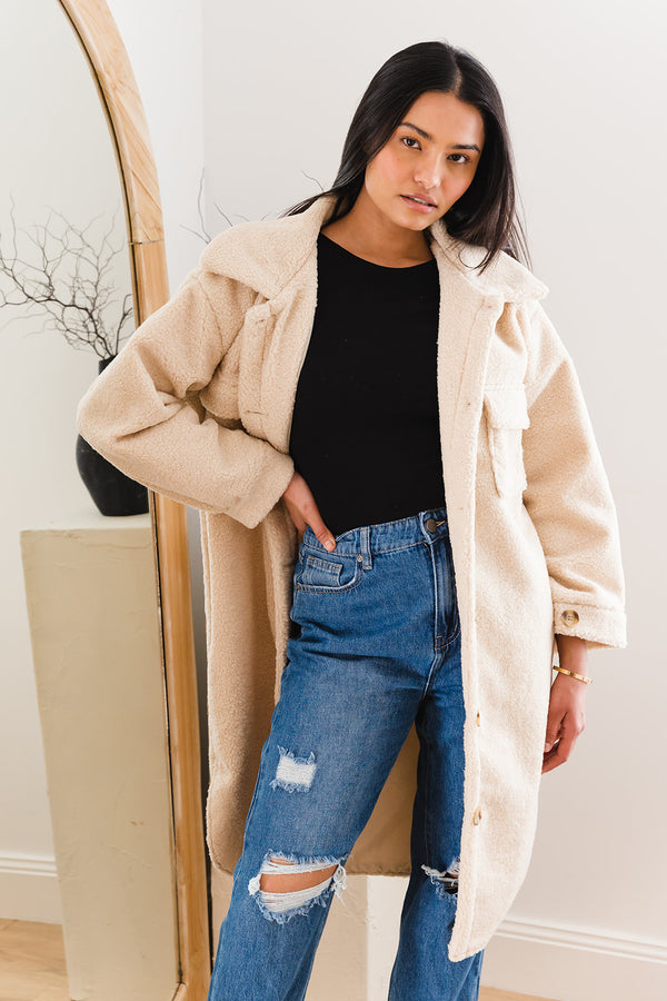 Benni Longline Teddy Coat - Cream - The Self Styler